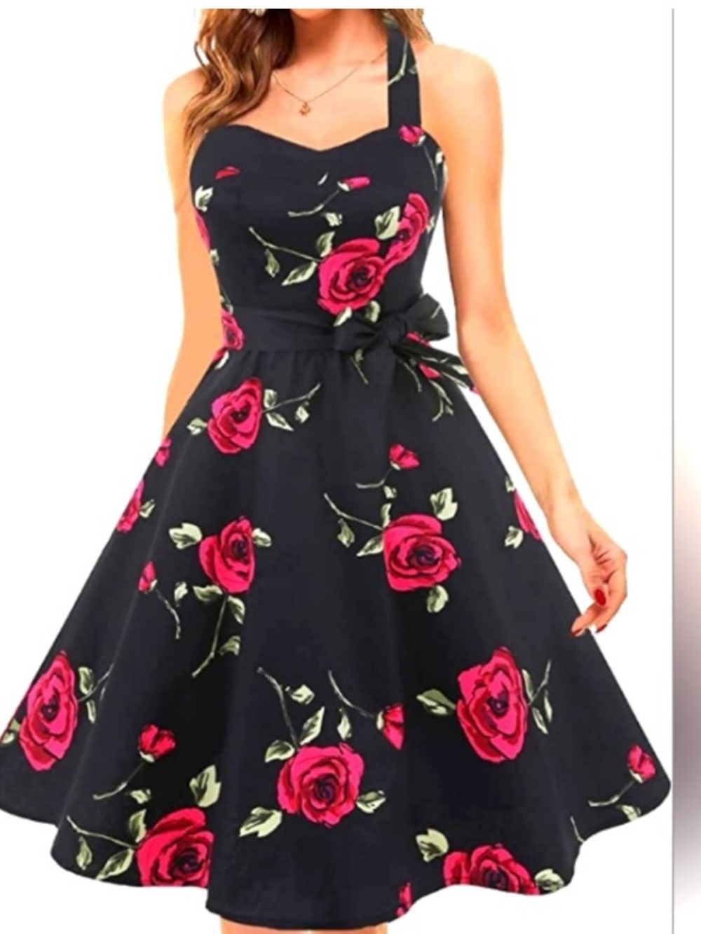Topdress Retro Rose Halter fit & flare Pin-up Style Dress